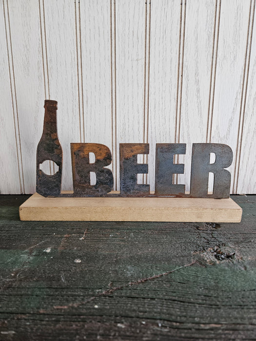 Metal BEER on Wood Base