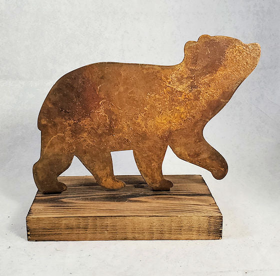 Metal Bear on Wood Base