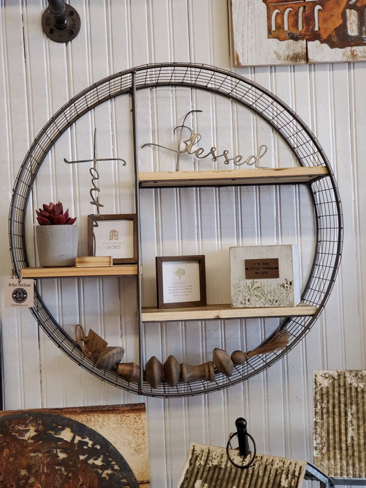 Round Wire Mesh and Wood Shelving Unit
