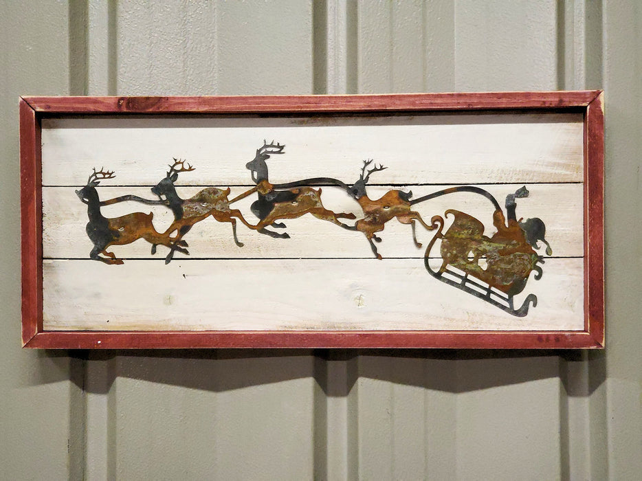 Santa, Sleigh and Flying Reindeer -Framed- Lg